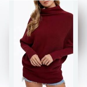 BLUIVY M Maroon slouch neck dolman sleeve ribbed woman stretch luxury popover